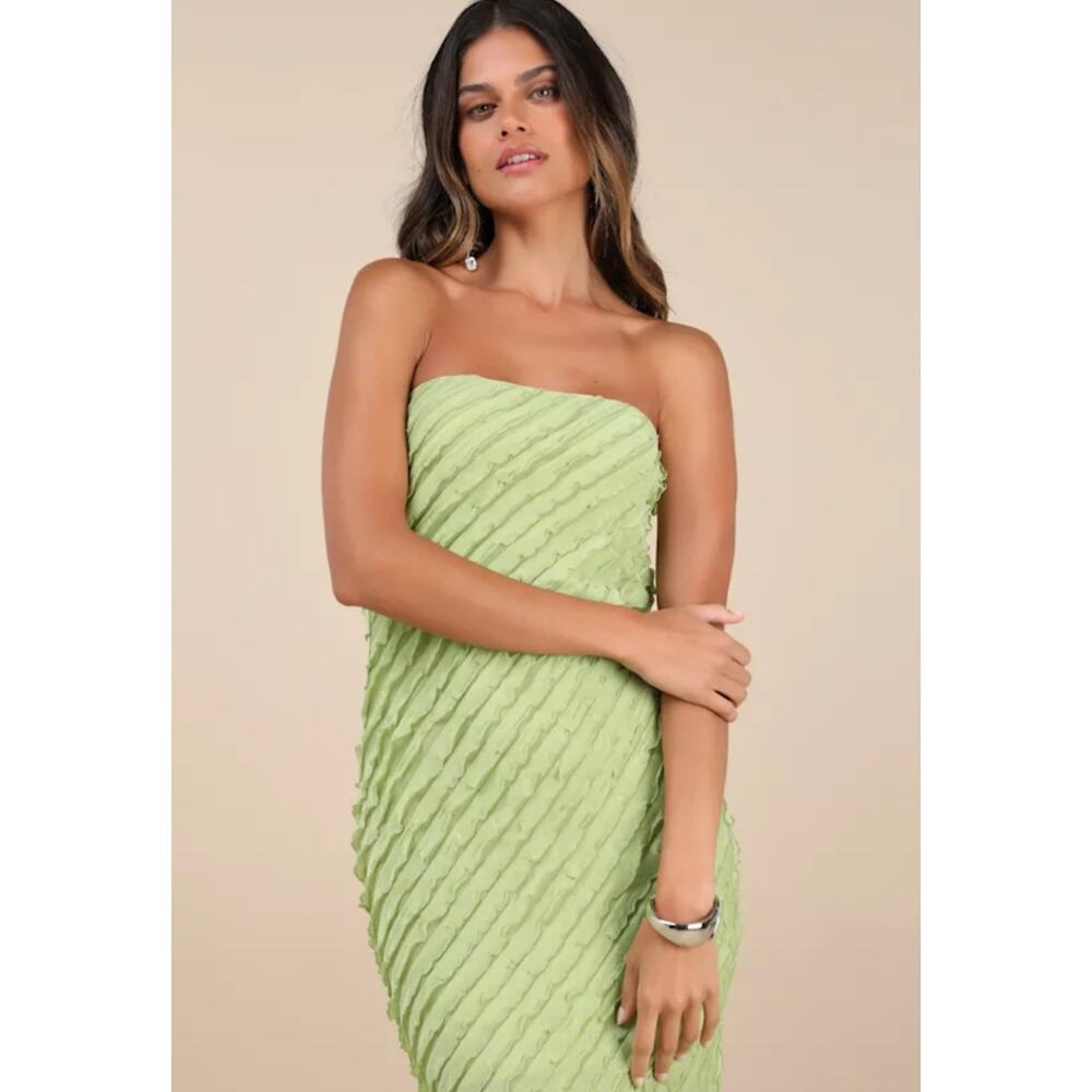 Lulus Faelyn Light Green Strapless Ruffled Midi Dress - Wedding Guest - Small - Picture 3 of 10